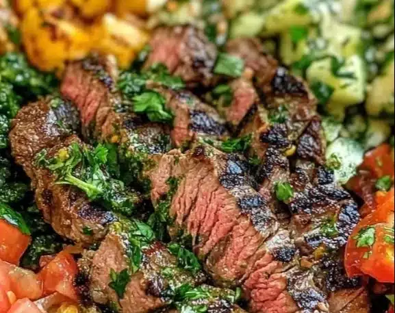 Delicious Mediterranean steak bowl with fresh vegetables and flavorful spices.
