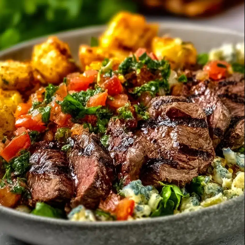 Mediterranean steak bowl with fresh vegetables and herbs