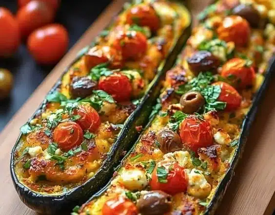 Mediterranean stuffed zucchini filled with herbs and spices on a plate