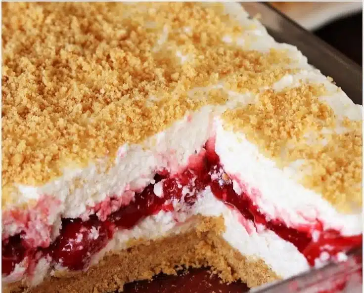 No-bake cherry yum yum dessert layered with cherries and creamy filling