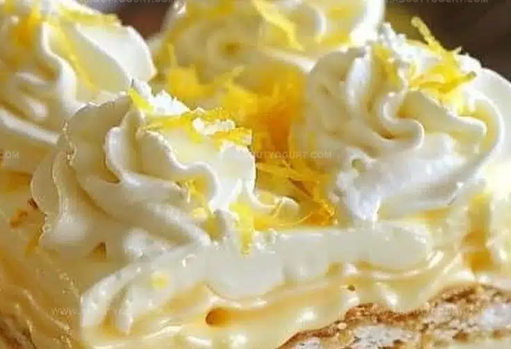 No-bake lemon eclair cake topped with creamy lemon frosting and fresh lemon slices