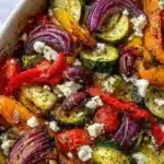 One-Pan Greek Vegetables featuring colorful Mediterranean ingredients