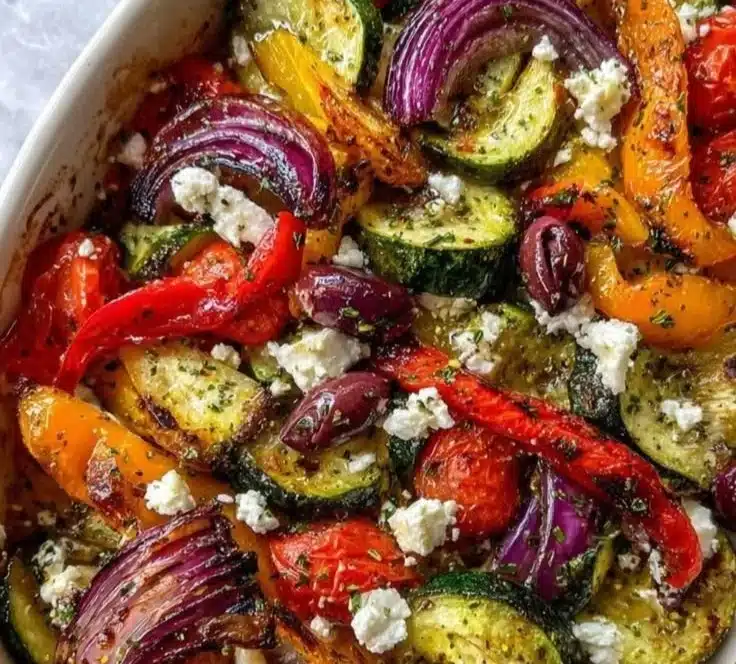 One-Pan Greek Vegetables featuring colorful Mediterranean ingredients