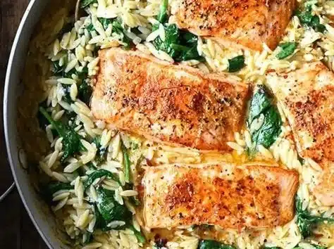 One Skillet Salmon with Lemon Orzo - a delicious and easy meal recipe