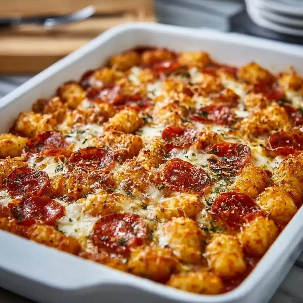 Delicious Pizza Tot Casserole topped with cheese and pepperoni