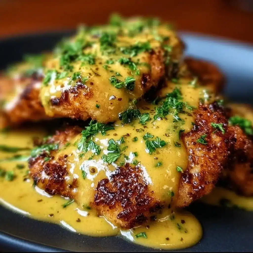 Pretzel Chicken served with Mustard-Cheddar Sauce on a plate