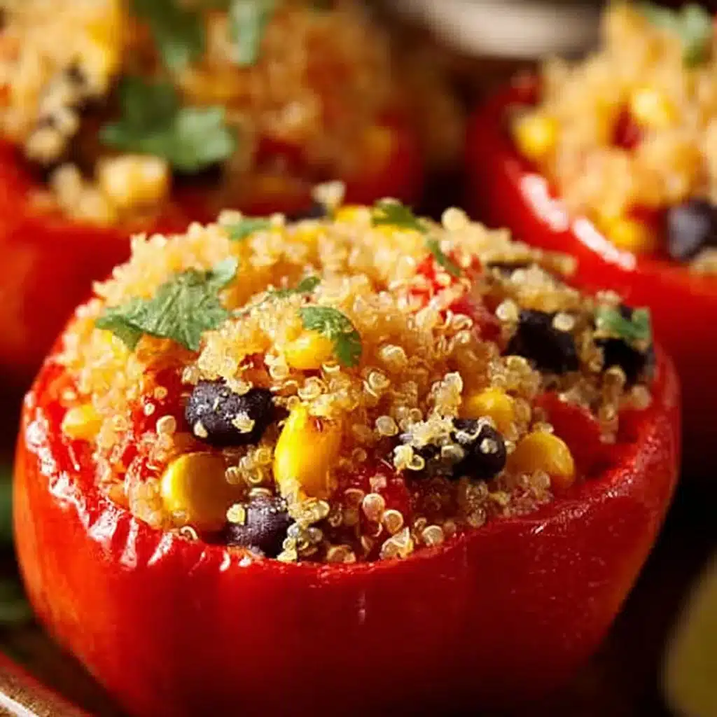 Colorful quinoa stuffed peppers filled with vegetables and spices