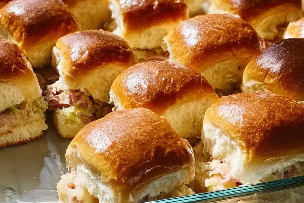 Delicious Reuben Sliders with corned beef, sauerkraut, and Swiss cheese on mini buns.