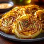 Delicious roasted cabbage steaks served on a plate with herbs