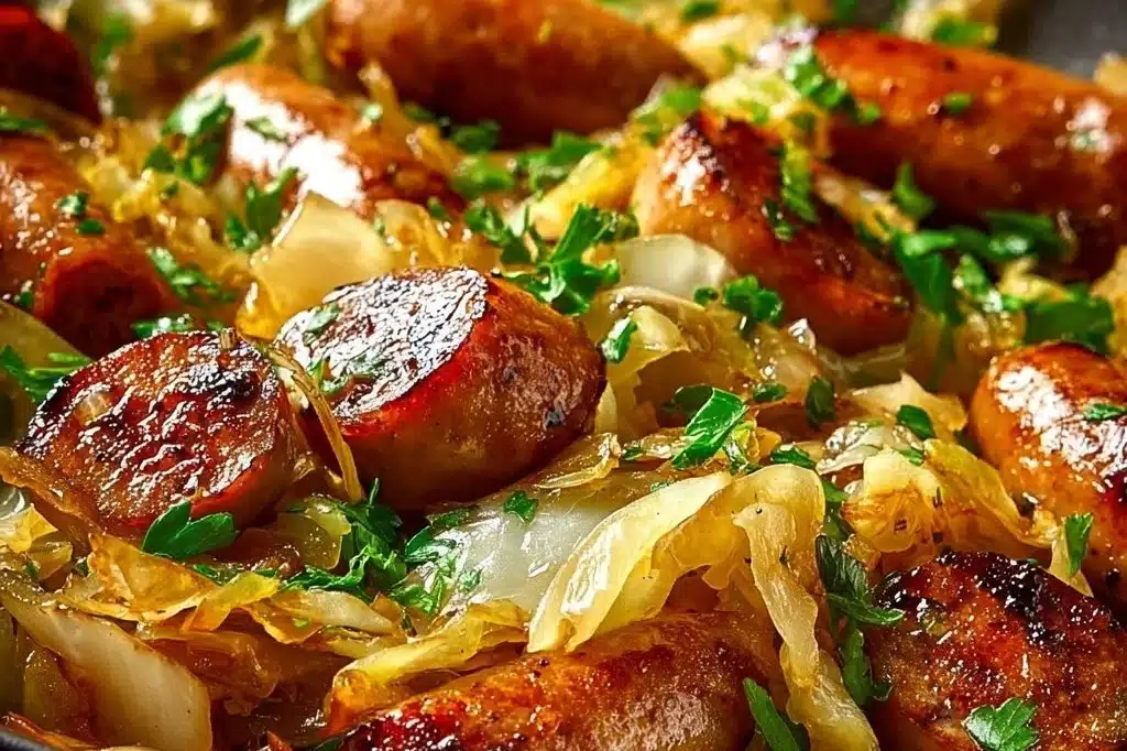 Sausage cabbage stir fry served in a skillet with colorful vegetables