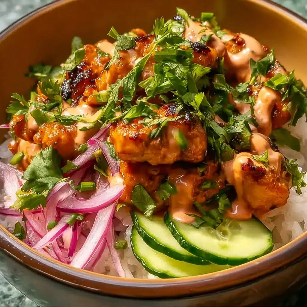 Delicious Bang Bang Chicken Bowl served with fresh vegetables and sauce