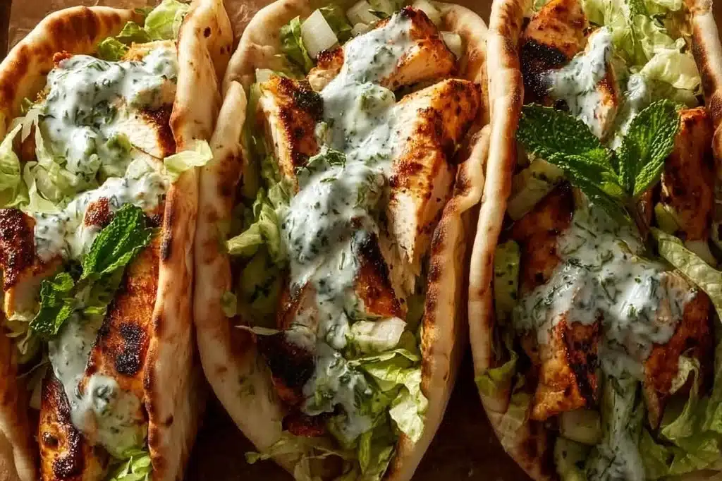 Sheet pan chicken pitas with herby ranch served on a plate