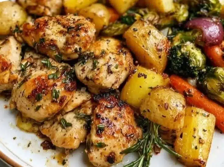Sheet pan lemon herb chicken with colorful vegetables ready to serve.