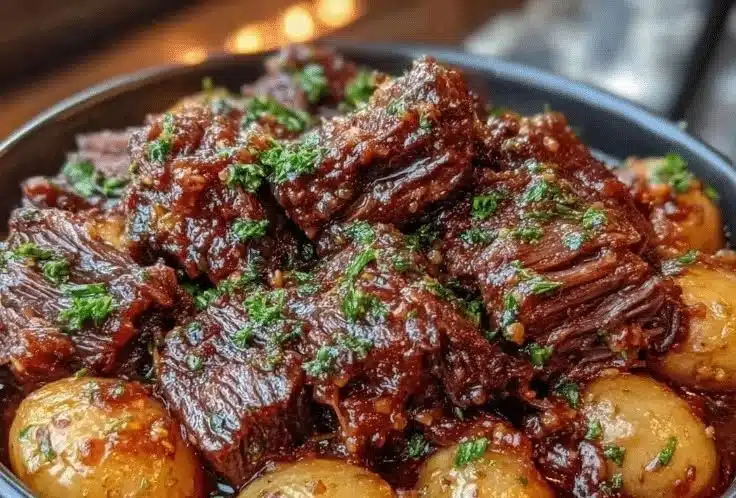 Slow Cooker Garlic Butter Beef with Potatoes in a bowl ready to serve