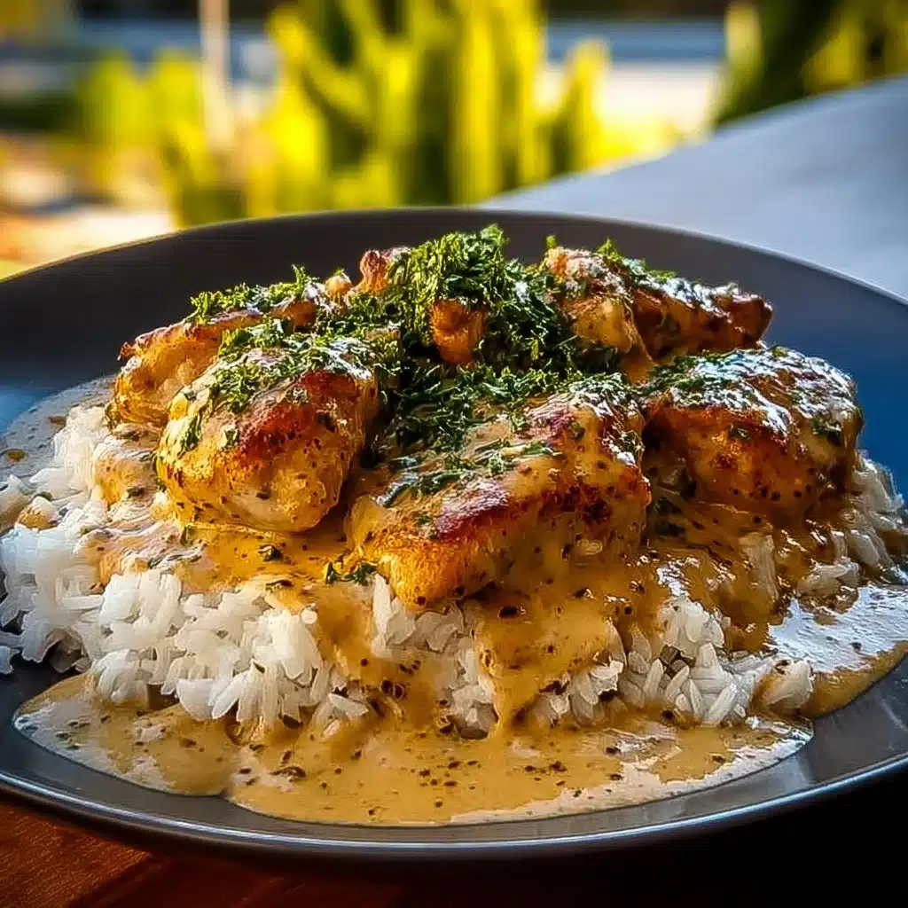Plate of Smothered Chicken served with fluffy rice and savory gravy