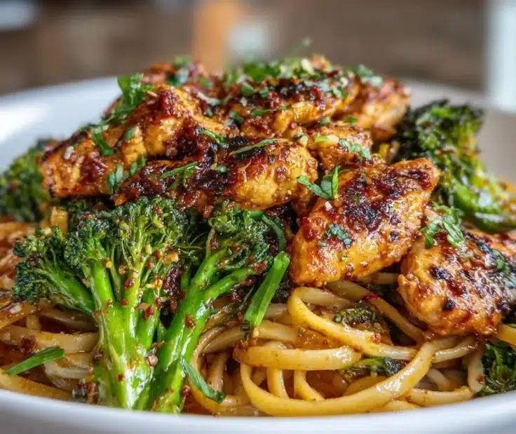 Spicy Garlic Chicken and Broccoli Noodle Bowls