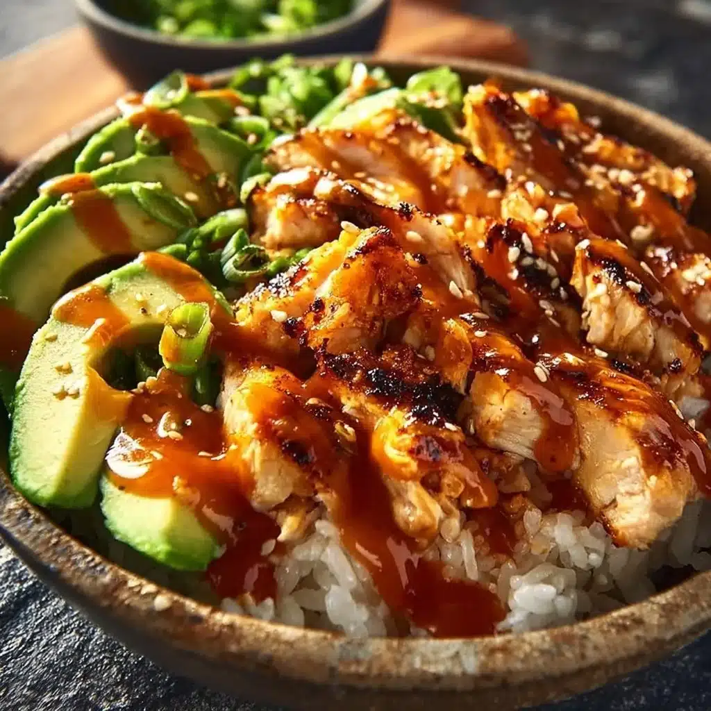 Spicy honey-ginger chicken bowls with yum yum sauce, garnished and ready to serve.