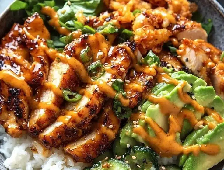 Spicy Honey-Ginger Chicken Bowls with Yum Yum Sauce