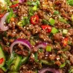 Spicy Korean Ground Beef served with a refreshing cucumber salad