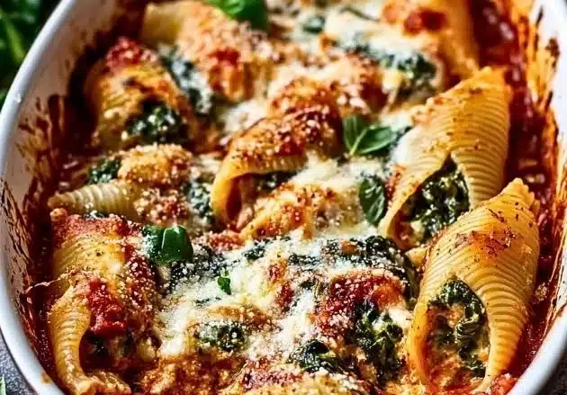 Plate of spinach ricotta stuffed pasta shells topped with marinara sauce.