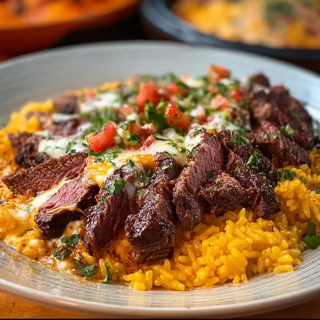 Delicious plate of Steak Queso Rice topped with melted cheese and spices