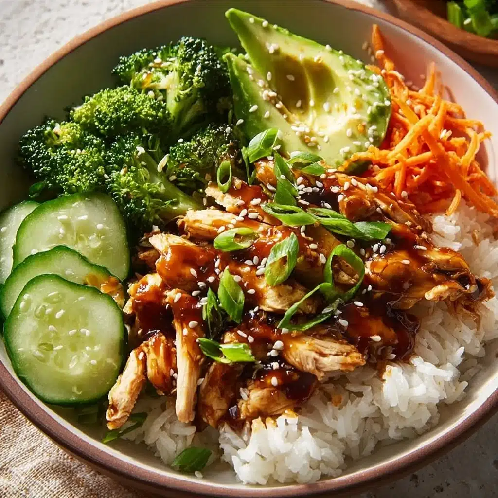 Delicious sticky chicken rice bowls topped with flavorful chicken and fresh vegetables