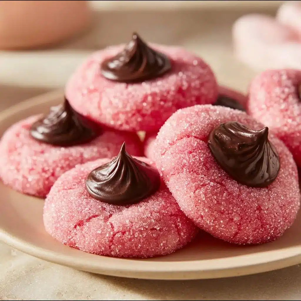 Plate of delicious Strawberry Kiss Cookies topped with chocolate chips.