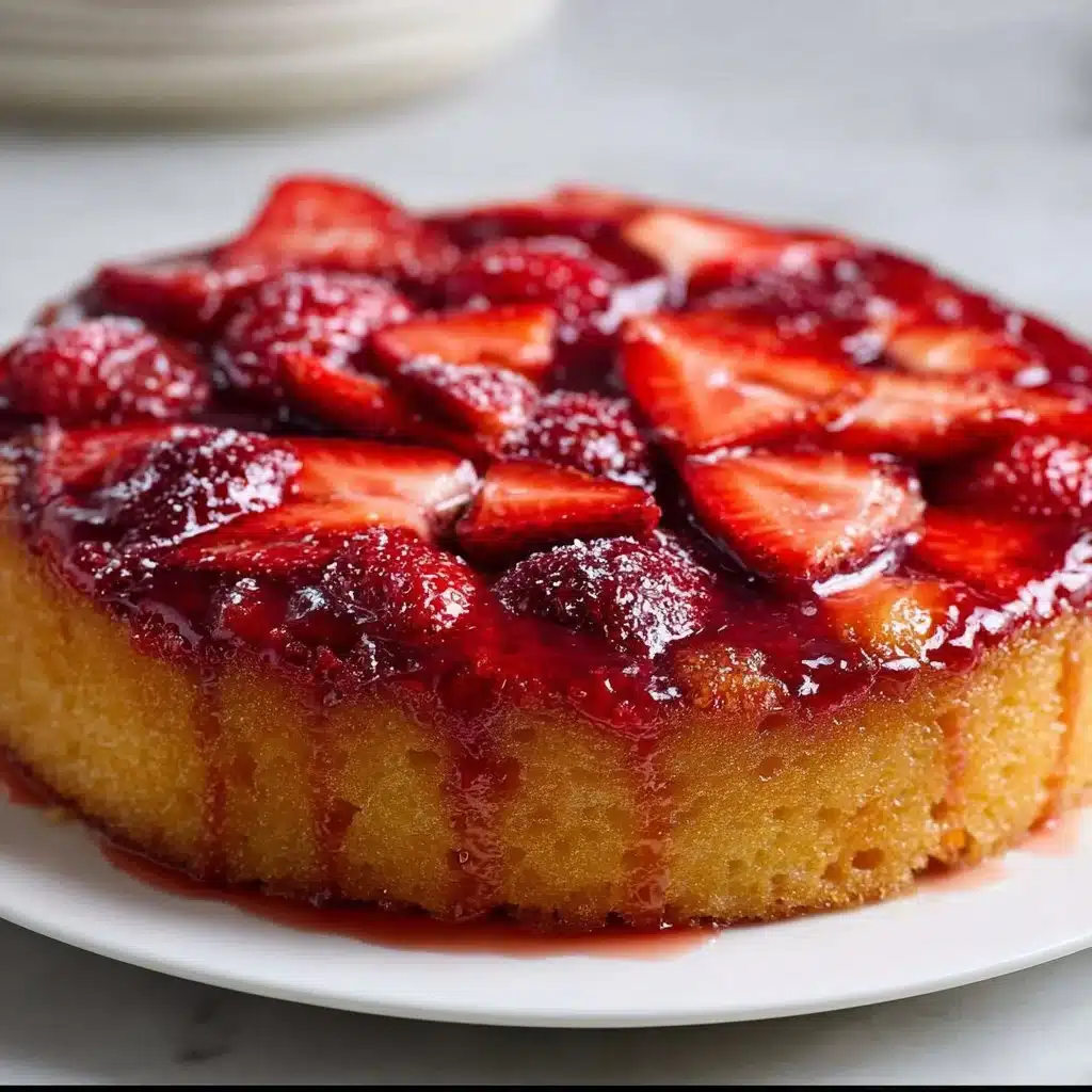 Slice of strawberry upside down cake topped with fresh strawberries and whipped cream.