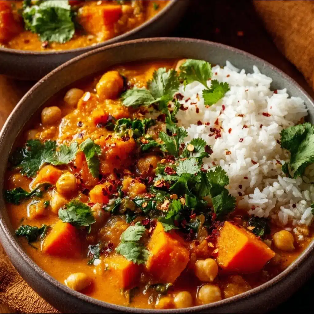 Bowl of sweet potato and chickpea curry garnished with herbs