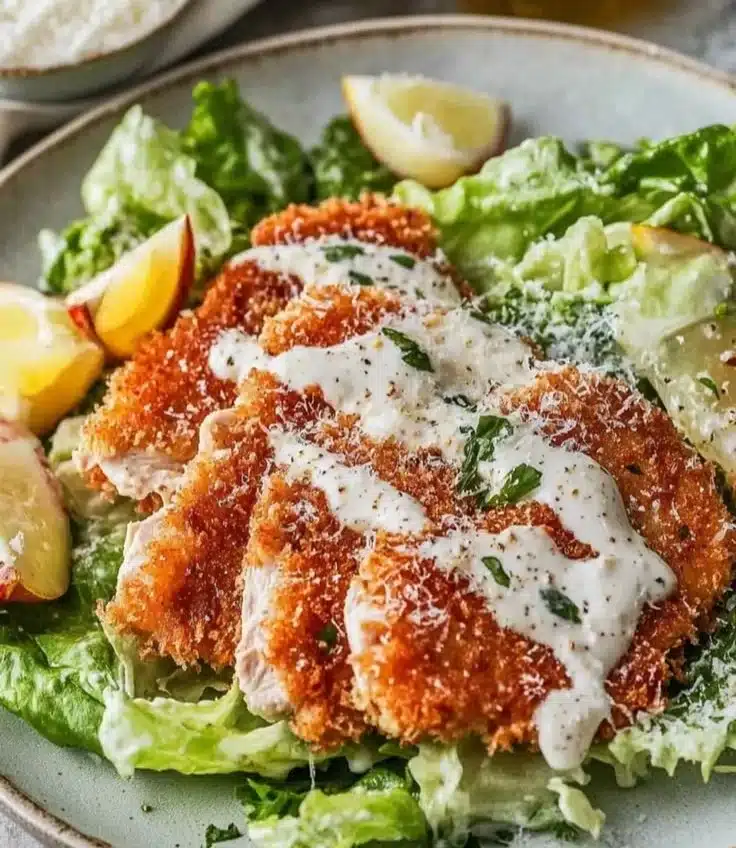 Delicious Chicken Caesar Salad with crispy schnitzel and yoghurt dressing served on a plate.