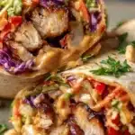 Thai Chicken Wrap with crunchy Asian slaw topped with fresh vegetables