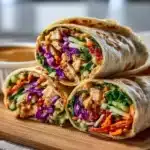 Delicious Thai Peanut Chicken Wraps with fresh vegetables and savory peanut sauce