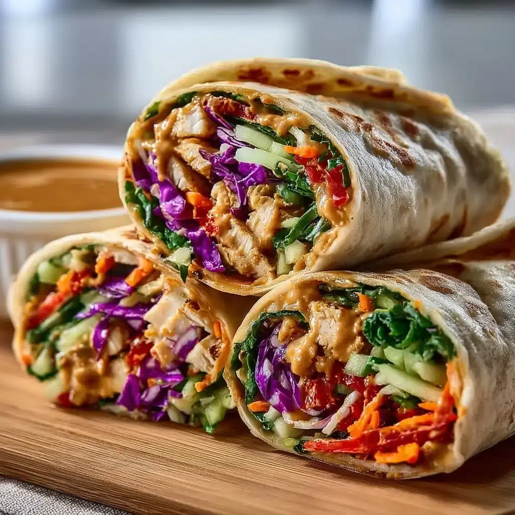 Delicious Thai Peanut Chicken Wraps with fresh vegetables and savory peanut sauce