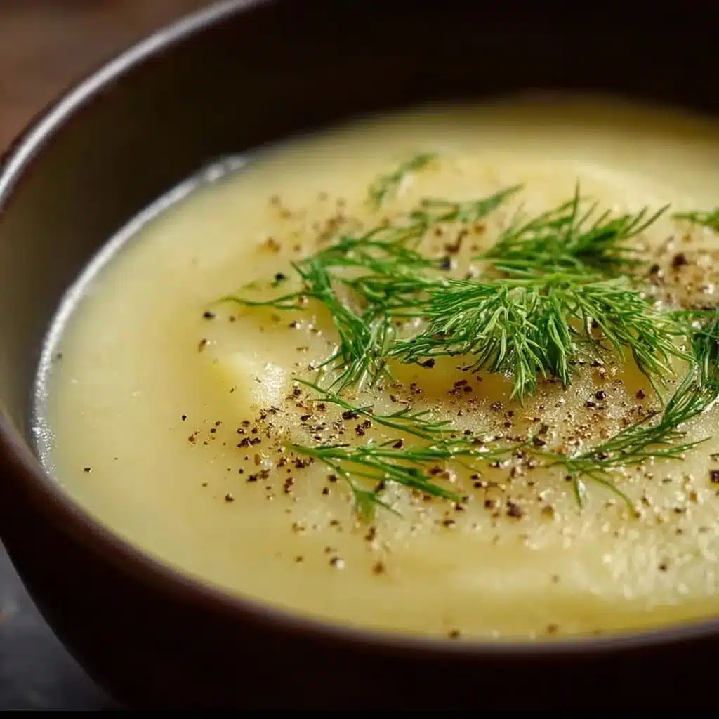 Bowl of creamy fennel potato leek soup garnished with herbs