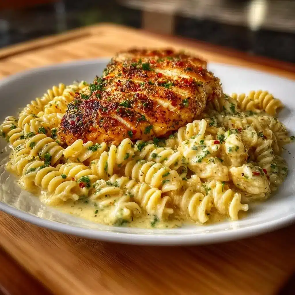 Creamy garlic parmesan chicken pasta served in a bowl with fresh herbs