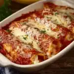 Delicious Three Cheese Manicotti filled with ricotta, mozzarella, and Parmesan cheese
