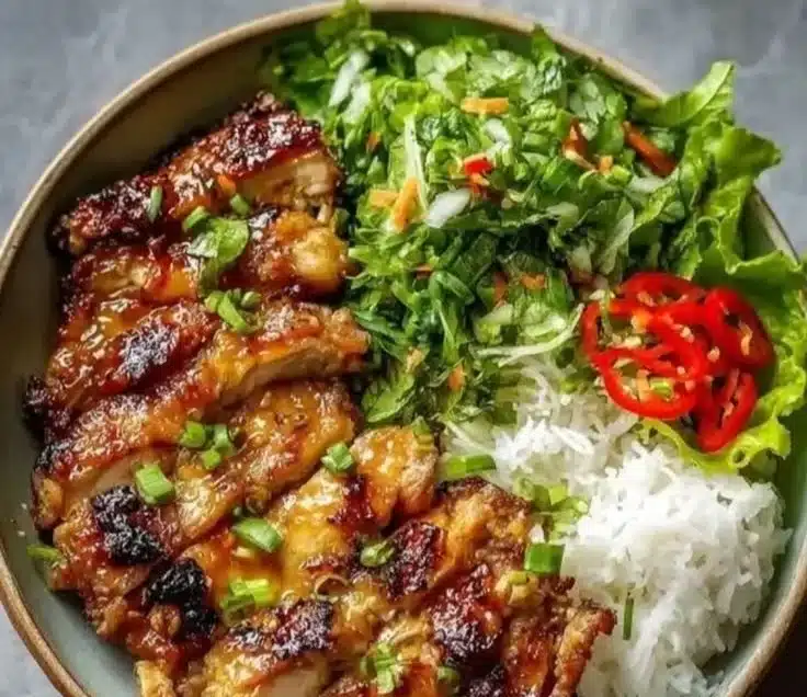 Delicious Vietnamese lemongrass chicken served with fresh herbs and rice.