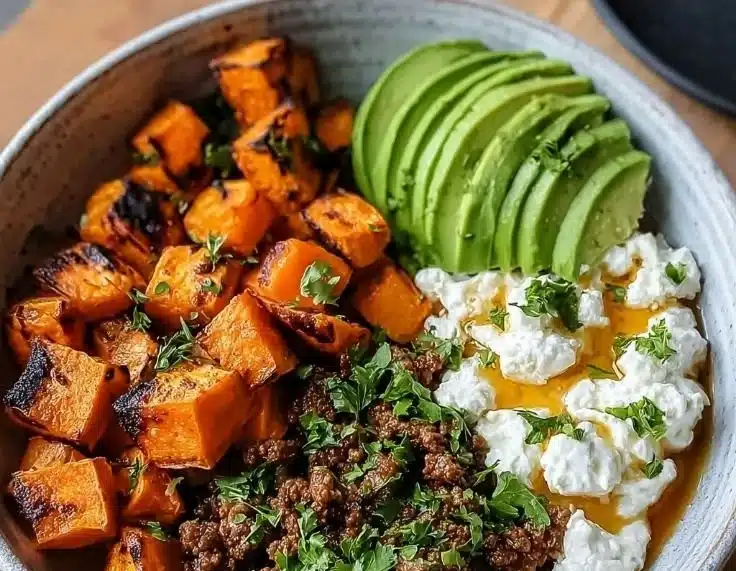 Viral Ground Beef Hot Honey Bowl garnished with fresh herbs and chilies