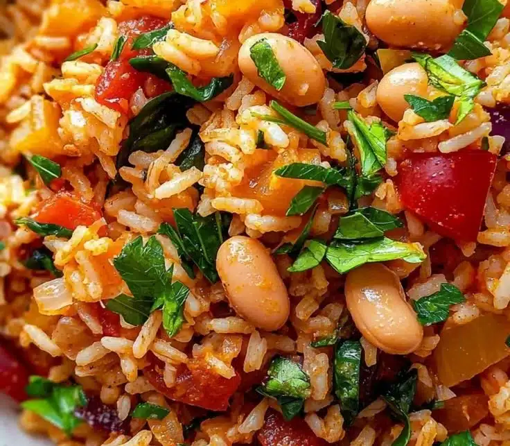 Delicious bowl of Mediterranean Rice and Beans garnished with fresh herbs.