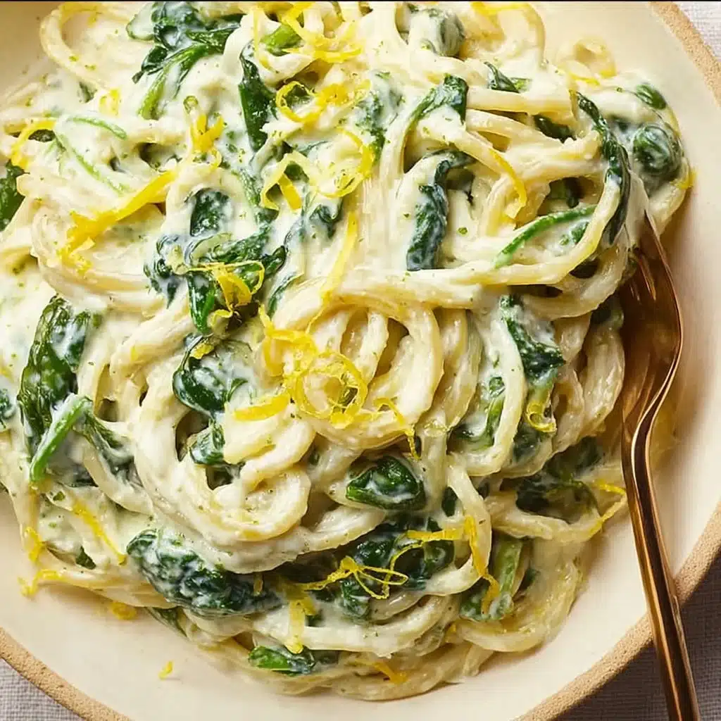 Plate of zesty Lemon Ricotta Pasta with Spinach garnished with lemon zest