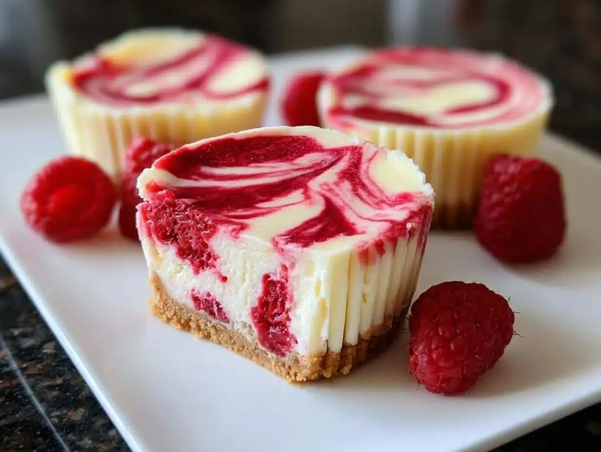 Delicious mini raspberry swirl cheesecakes displayed on a dessert table