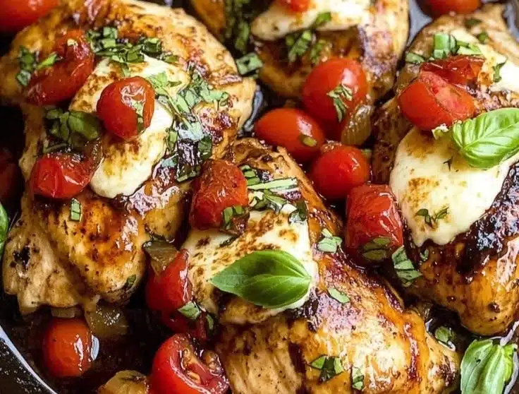Balsamic chicken with fresh tomatoes and mozzarella served on a plate