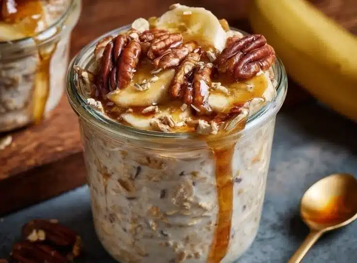Delicious banana bread overnight oats topped with sliced bananas and nuts