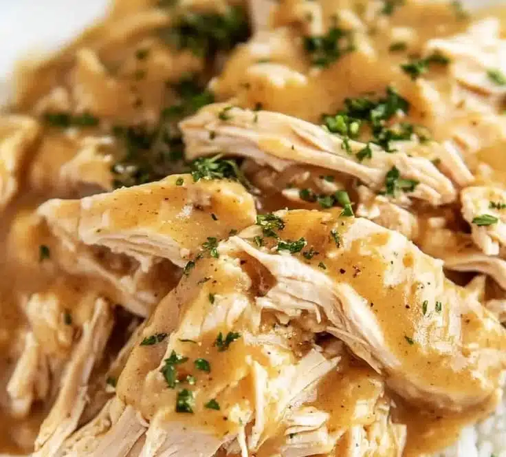 Delicious crockpot chicken and gravy served on a plate.
