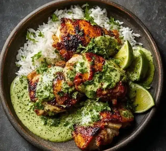 Delicious Peruvian chicken with creamy green sauce served on a plate