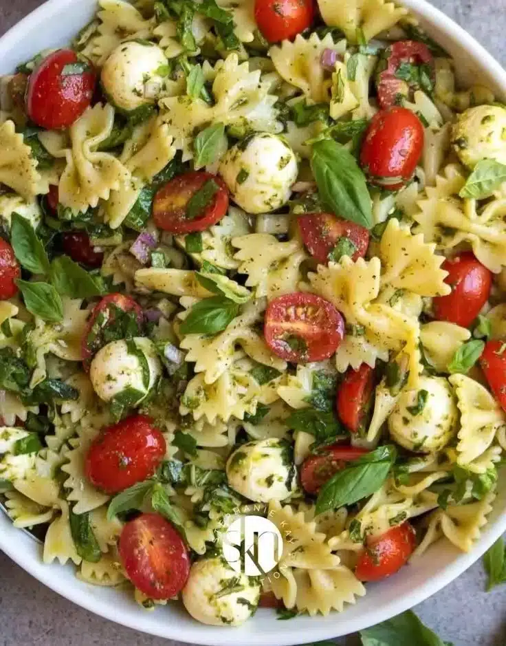 Colorful Bow Tie Pasta Salad with vegetables and dressing