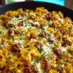 Cajun Cream Cheese Alfredo Bowties with Spiced Ground Beef served in a bowl