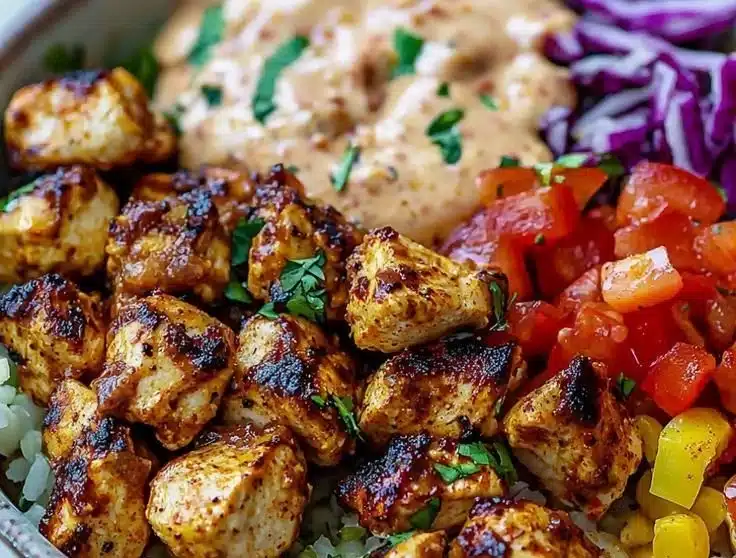 Delicious Chicken Peri Peri bowls topped with fresh veggies and spices