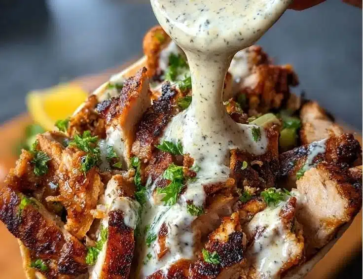 Delicious Chicken Shawarma served with creamy garlic sauce on a platter.