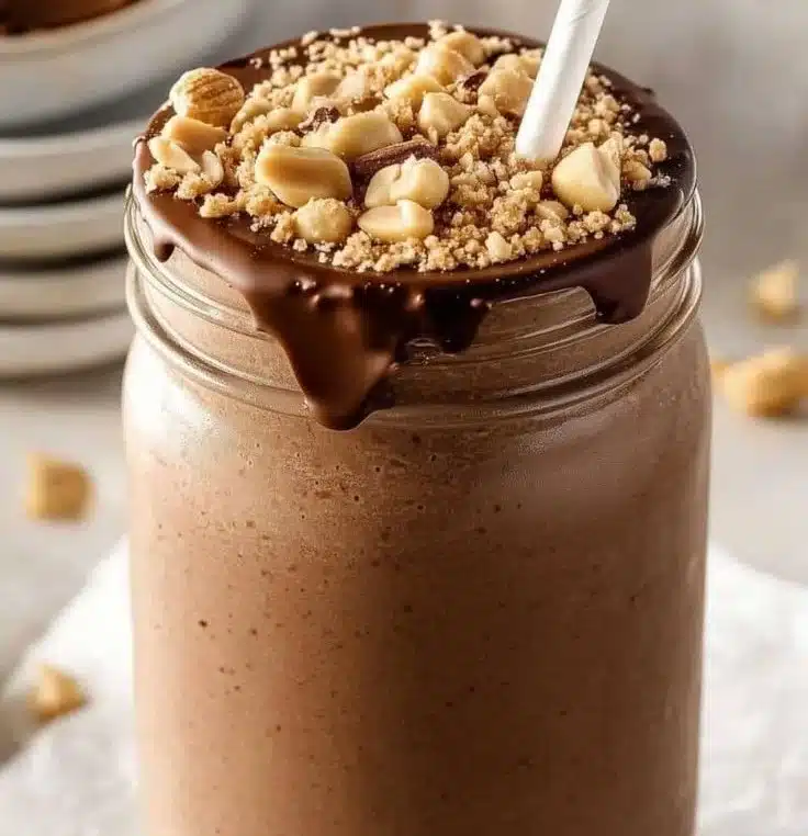 Chocolate Peanut Butter Protein Smoothie in a glass with toppings